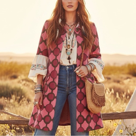 Vintage Bentley A. Retro Mod Pink Geometric Polka Dot Button Up Coat Small - Picture 16 of 16